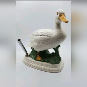 Vintage Plaster Desk Pen Holder White Duck Inscription Hand Painted Decorated
